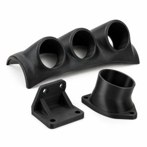 Black custom 3D-printed automotive gauge pod, bracket, and duct adapter