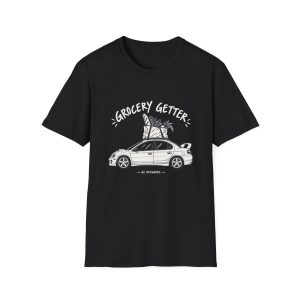 Black Grocery Getter T-shirt with accurate four-door turbo compact artwork and no ground shadow