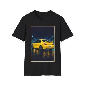 Black T-shirt with the SLO NEON Solar Yellow track artwork shown in a product-only front view